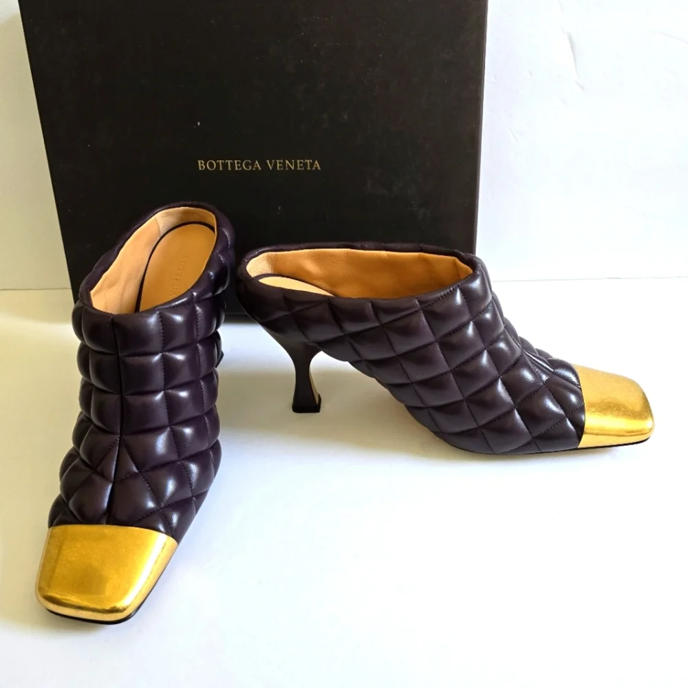 Bottega Veneta Quilted Leather Metallic Toe High Heel Mules Size 39 Wine… - Picture 1 of 15